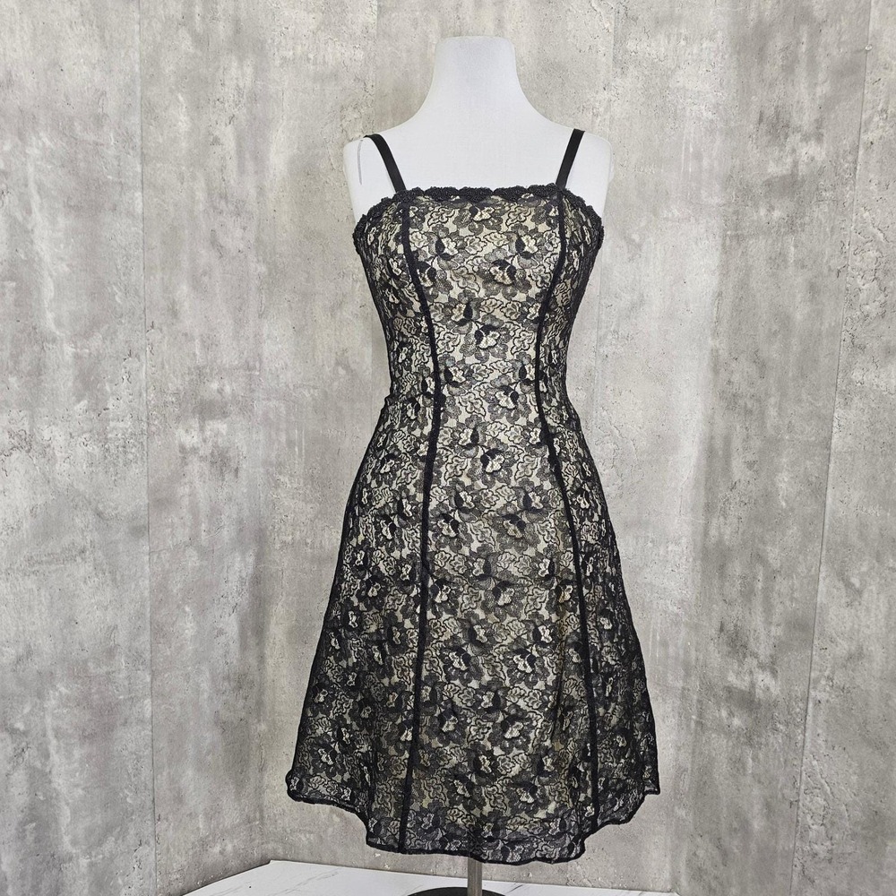 Vintage Jump Lace Corset Back Party Dress Black Ivory Y2K Goth Size 9/10 USA